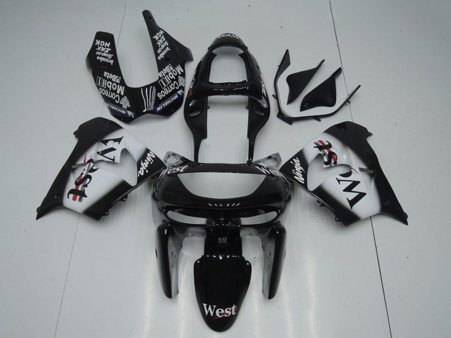 1998-1999 Glossy Black White West Kawasaki ZX9R Motorcycle Fairings UK Stores