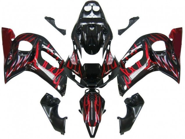1998-2002 Glossy Black Red Flame Yamaha YZF 600 R6 Motorcycle Fairings UK Stores