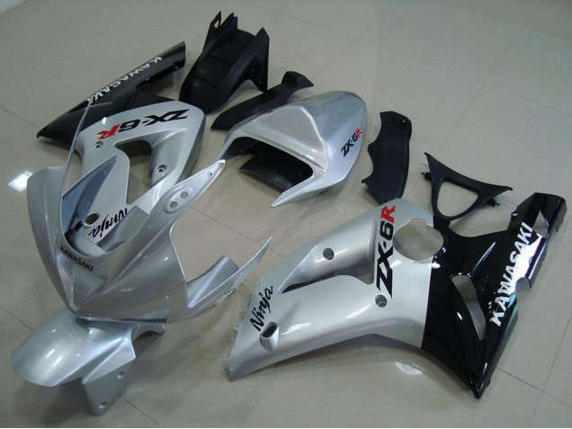 2003-2004 Silver Glossy Black Kawasaki ZX6R Motorcycle Fairings UK Stores