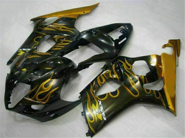 2003-2004 Glossy Black Gold Flame Suzuki GSXR 1000 Motorcycle Fairings UK Stores