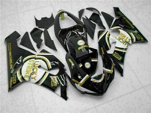 2005-2006 Glossy Black White Gold Lucky Strike Kawasaki ZX6R Motorcycle Fairings UK Stores