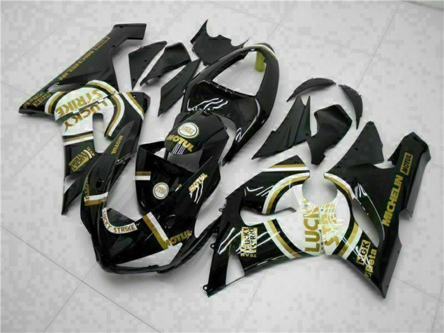 2005-2006 Glossy Black White Gold Lucky Strike Kawasaki ZX6R Motorcycle Fairings UK Stores