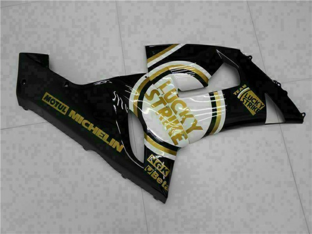 2005-2006 Glossy Black White Gold Lucky Strike Kawasaki ZX6R Motorcycle Fairings UK Stores