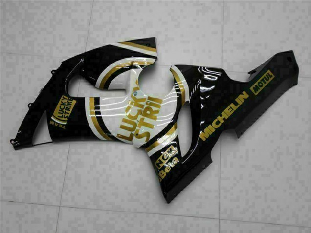 2005-2006 Glossy Black White Gold Lucky Strike Kawasaki ZX6R Motorcycle Fairings UK Stores