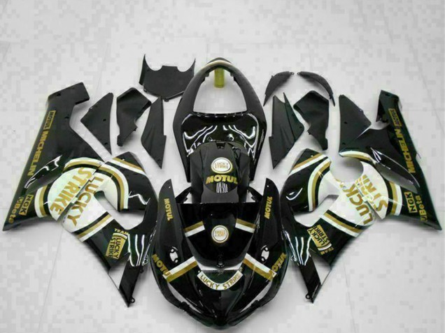 2005-2006 Glossy Black White Gold Lucky Strike Kawasaki ZX6R Motorcycle Fairings UK Stores