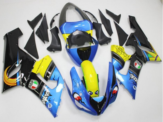 2005-2006 Blue Yellow Black Shark Kawasaki ZX6R Motorcycle Fairings UK Stores