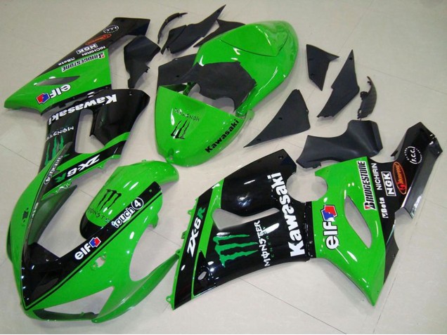 2005-2006 Green Glossy Black Elf Monster Kawasaki ZX6R Motorcycle Fairings UK Stores