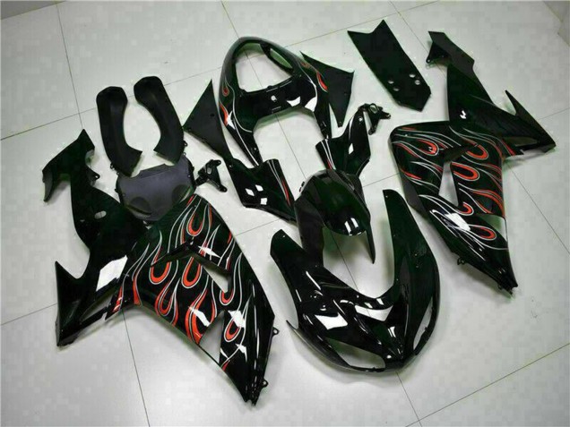 2006-2007 Glossy Black Red Flame Kawasaki ZX10R Motorcycle Fairing Kits UK Stores