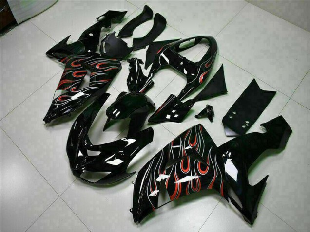 2006-2007 Glossy Black Red Flame Kawasaki ZX10R Motorcycle Fairing Kits UK Stores