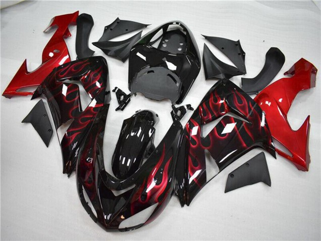 2006-2007 Glossy Black Red Flame Kawasaki ZX10R Motorcycle Fairing UK Stores