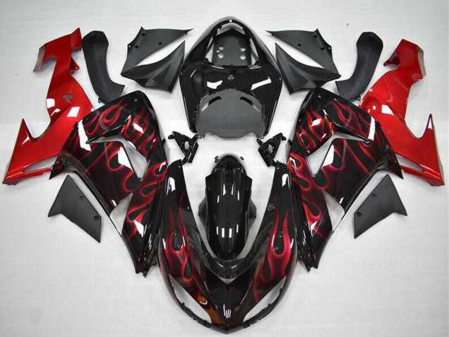 2006-2007 Glossy Black Red Flame Kawasaki ZX10R Motorcycle Fairing UK Stores