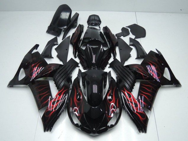 2006-2011 Glossy Black Red Flame Kawasaki ZX14R ZZR1400 Motorcycle Fairings UK Stores