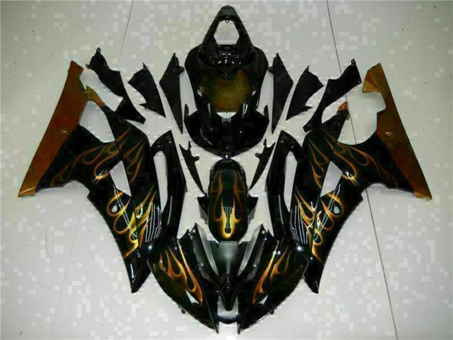 2008-2016 Glossy Black Gold Flame Yamaha YZF R6 Motorcycle Fairings UK Stores