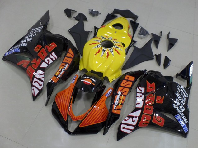 2009-2012 Yellow Orange Glossy Black Rossi Racing Honda CBR600RR Motorcycle Fairings UK Stores
