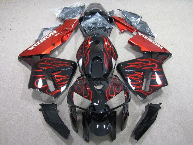 2005-2006 Glossy Black Red Flame Honda CBR600RR Bike Fairings UK Stores