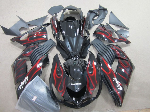 2006-2011 Glossy Black Red Flame Kawasaki ZX14R ZZR1400 Motorcycle Fairing UK Stores