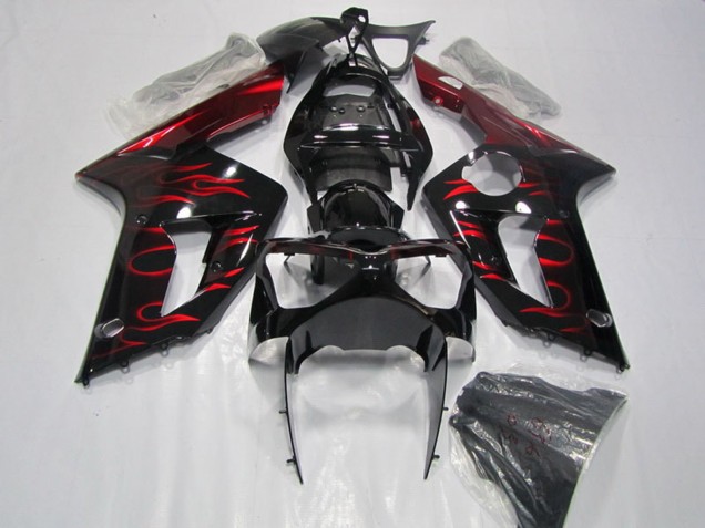 2003-2004 Glossy Black Red Flame Kawasaki ZX6R Motorcycle Fairing UK Stores