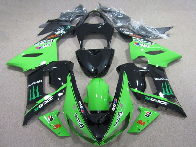 2005-2006 Glossy Black Green Elf Touch4 Bridgestone Monster Kawasaki ZX6R Motorcycle Fairings UK Stores