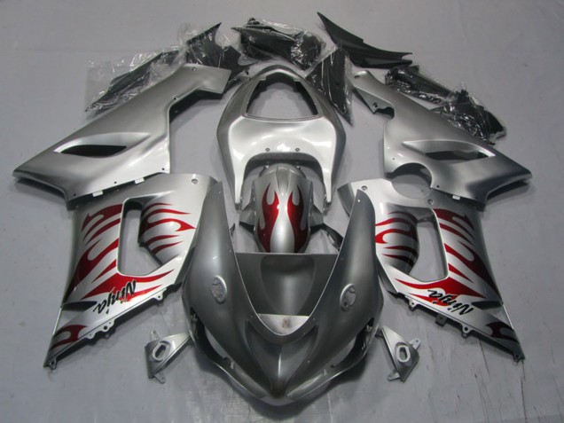 2005-2006 Silver Red Flame Ninja Kawasaki ZX6R Motorcycle Fairings UK Stores