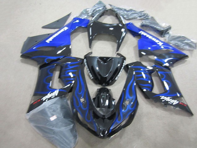 2005-2006 Glossy Black Blue Flame Kawasaki ZX6R Motorcycle Fairings UK Stores