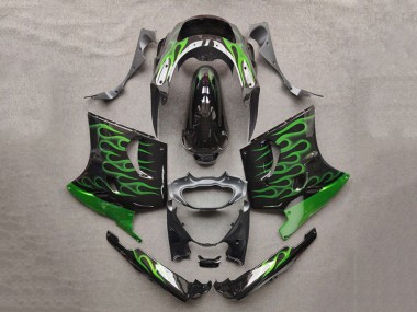 1993-2003 Glossy Black Green Flame Kawasaki ZZR1100 Motorcycle Fairings UK Stores