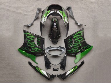 1993-2003 Glossy Black Green Flame Kawasaki ZZR1100 Motorcycle Fairings UK Stores