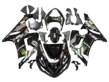 2005-2006 Glossy Black Yellow Monster Kawasaki ZX6R Motorcycle Fairings UK Stores