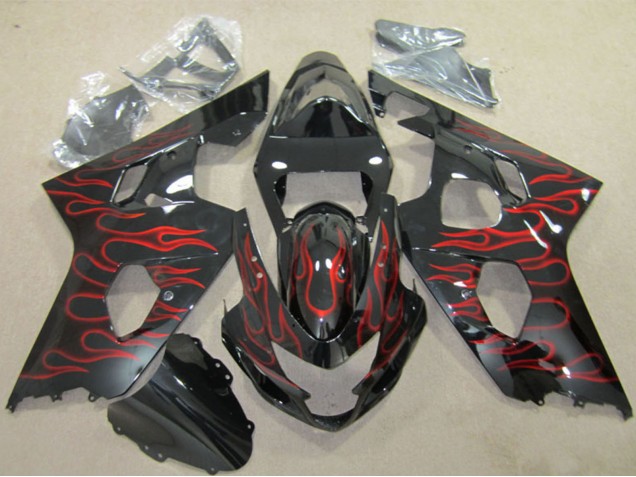 2004-2005 Glossy Black Red Flame Suzuki GSXR 600 Motorcycle Fairings UK Stores