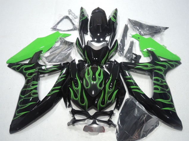 2008-2010 Glossy Black Green Flame Suzuki GSXR 600 Motorcycle Fairings UK Stores