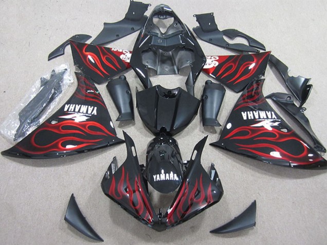 2009-2011 Glossy Black Red Flame Yamaha YZF R1 Motorcycle Fairings UK Stores