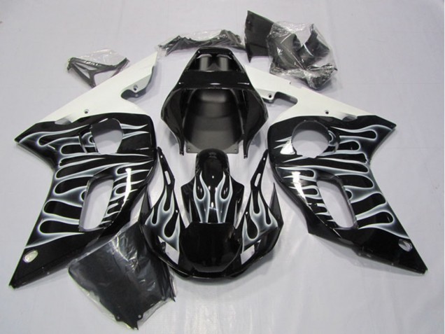 1998-2002 Glossy Black White Flame Yamaha YZF R6 Motorcycle Fairings UK Stores