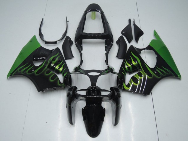 2000-2002 Black with Green Flame Kawasaki ZX6R Motorcyle Fairings UK Stores 2000-2002 Black with Green Flame Kawasaki ZX6R Motorcyle Fairings UK Stores