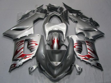 2005-2006 Silver Red Flame Ninja Kawasaki ZX6R Motorcycle Replacement Fairings UK Stores
