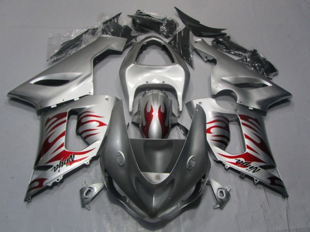 2005-2006 Silver Red Flame Ninja Kawasaki ZX6R Motorcycle Replacement Fairings UK Stores 2005-2006 Silver Red Flame Ninja Kawasaki ZX6R Motorcycle Replacement Fairings UK Stores